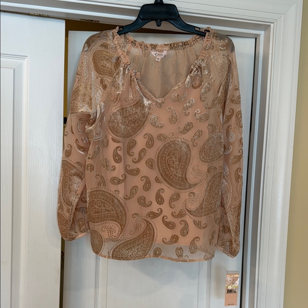 Peach and champagne  Long Sleeve Blouse with Flowing Silhouette